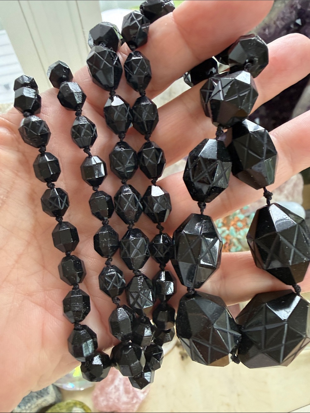 Obsidian Black Faceted Glass Bead Statement Necklace - Vintage Women Jewelry